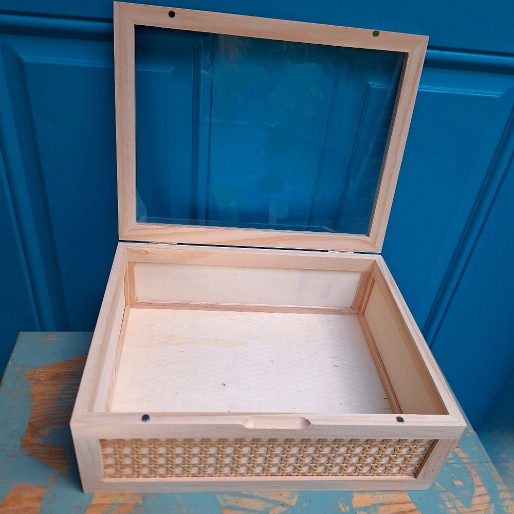 Wood and Glass Display Box or Wall Shelf Hinged Lid Wicker Trinkets Collectibles - Picture 12 of 15